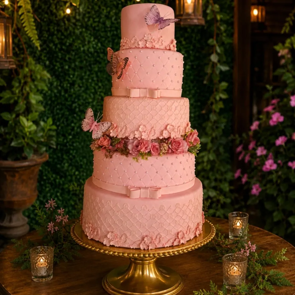 Bolo fake rosa com borboletas, flores e detalhes decorativos em uma montagem de festa